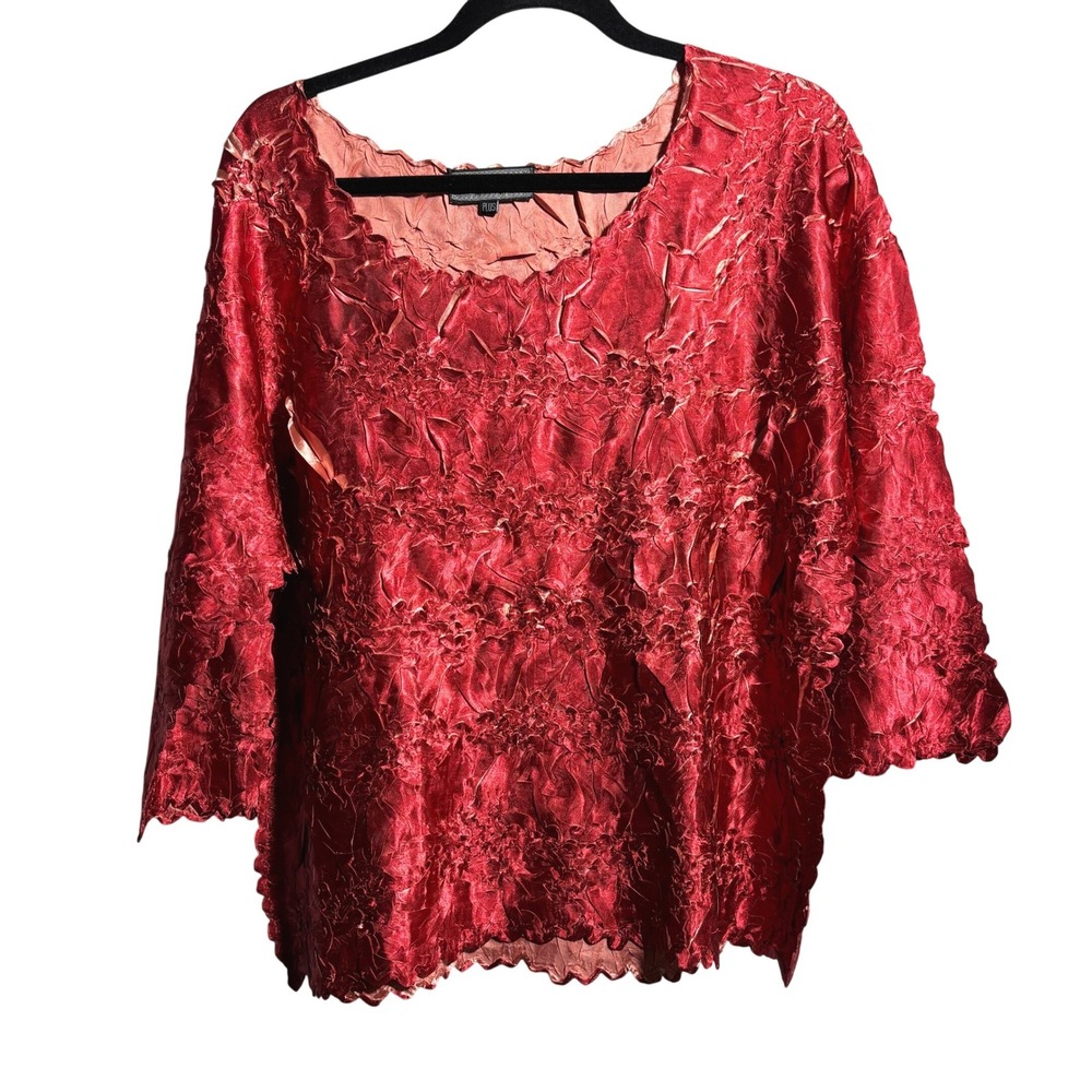 VTG Zachi Plus Size‎ Textured Crinkle 3/4 Sleeve V Neck Top Red 2X Holiday Artsy